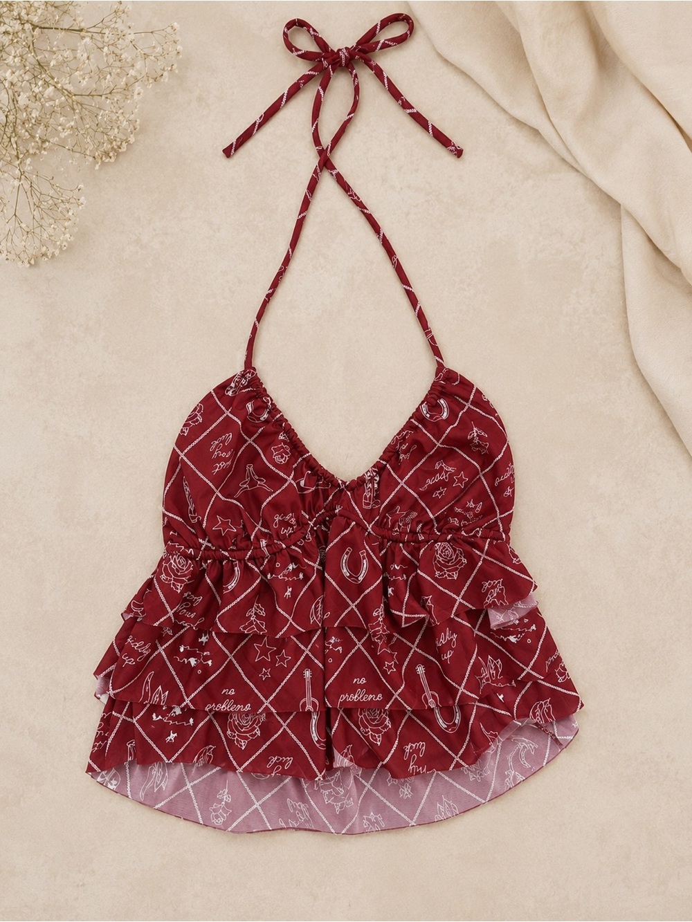 Women's Burgundy Halter Ruffle Tank Top